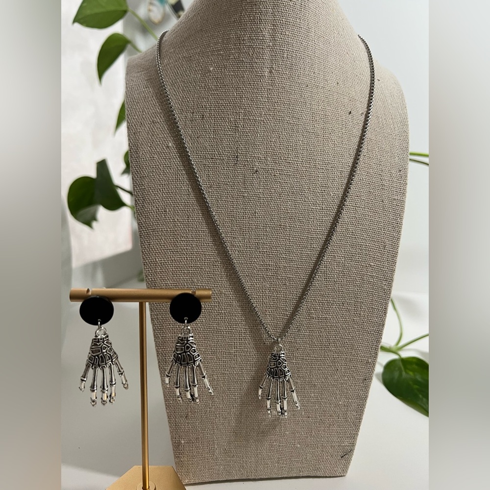 Silver Skeleton Hand Necklace and Earrings set - Spooky Emo Hand Dangle Jewelry